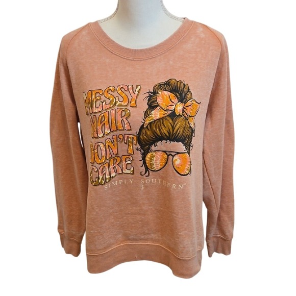 Simply Southern Tops - Simply Southern Sweatshirt Pullover Orange Distressed Messy‎ Hair G - Size Small